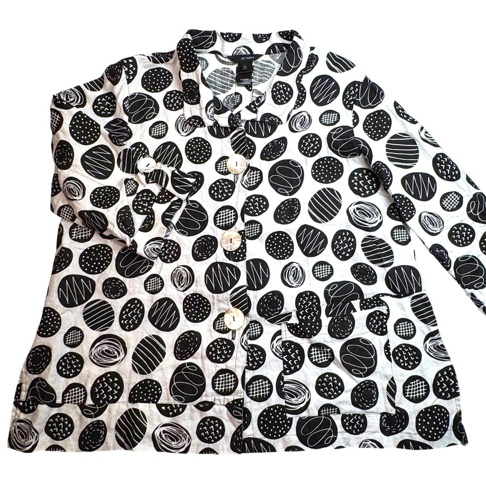 Ali Miles Womens Large Black White Lagenlook 100% Linen MOP Button Shirt